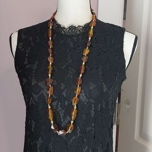 Faux Amber and Gold Tone Long Necklace Lightweight Good Quality Pullover Styling